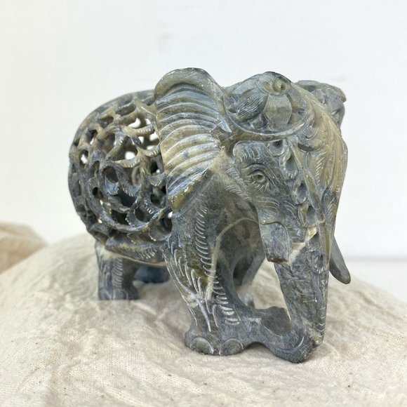 Indian Hand Carved Soapstone Elephant Undercut Double Layered Home Decor - Picture 4 of 11